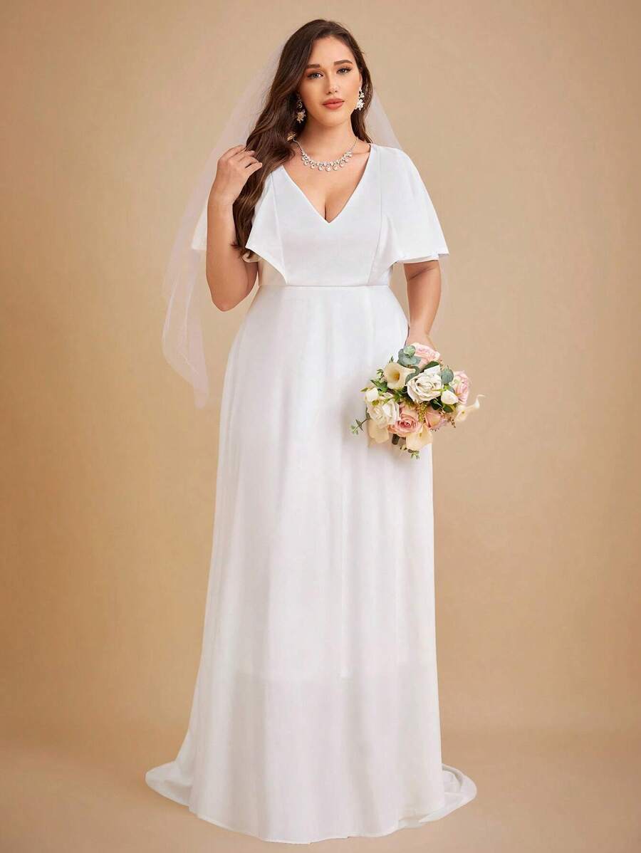 SHEIN Belle Plus V Neck Butterfly Sleeve Wedding Dress Without Veil - White - View 1