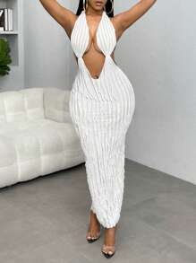 SHEIN SXY Cut Out Tie Backless Halter Neck Dress - White - View 3