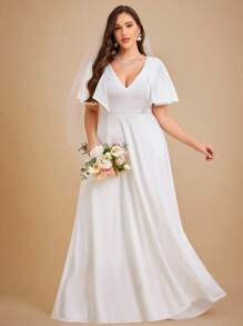 SHEIN Belle Plus V Neck Butterfly Sleeve Wedding Dress Without Veil - White - View 3