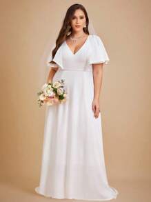 SHEIN Belle Plus V Neck Butterfly Sleeve Wedding Dress Without Veil - White - View 5