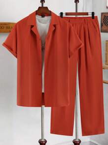 Manfinity Homme 男士素色前排扣襯衫和褲子不帶T恤 - 紅色 - 查看 1