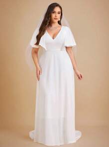 SHEIN Belle Plus V Neck Butterfly Sleeve Wedding Dress Without Veil - White - View 7