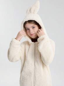 SOLOCOTE Tween Girl Rabbit Ears Hooded Thermal Lined Zipper Windbreaker With Pockets For Autumn - Beige - View 1