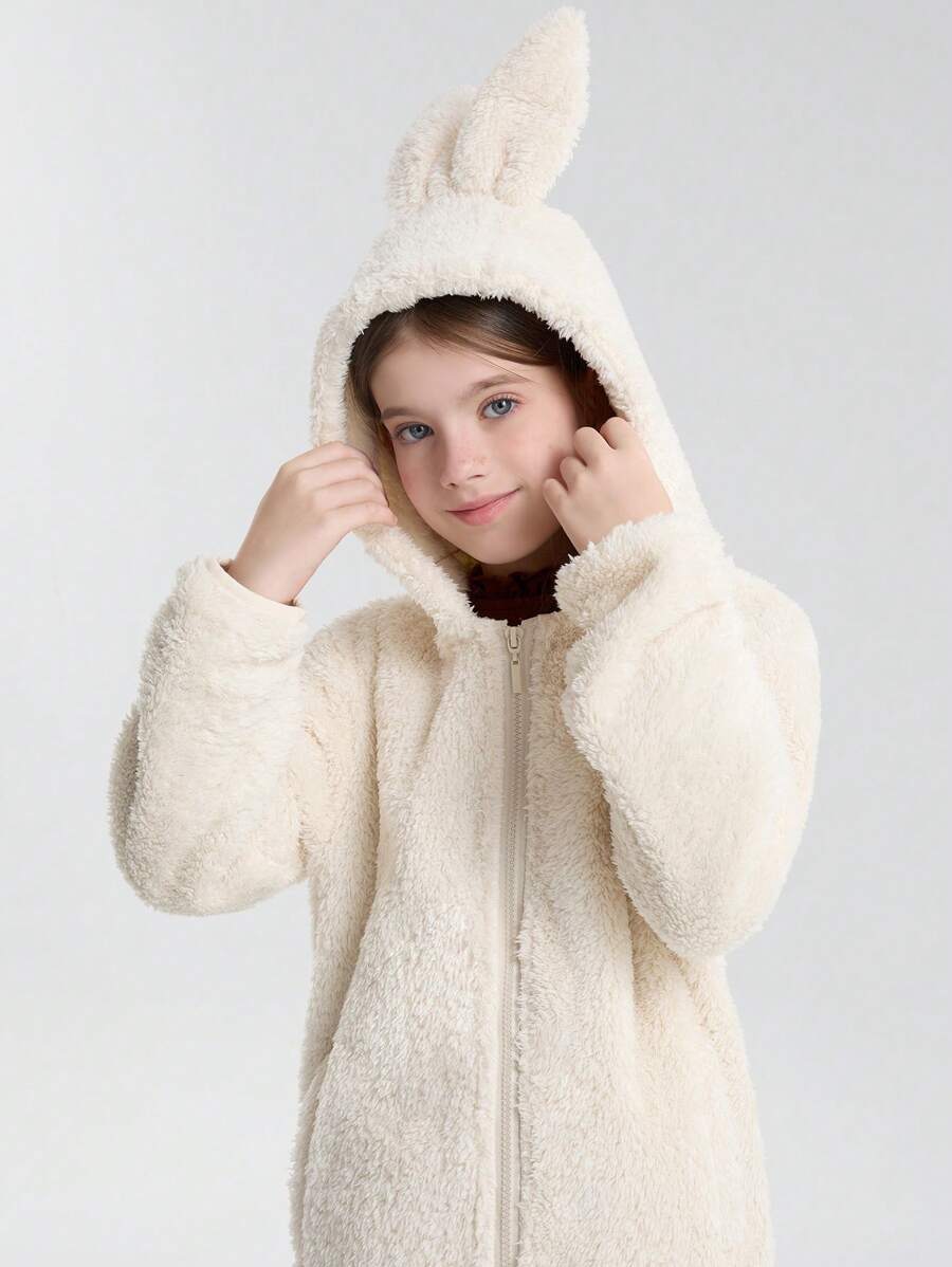 SOLOCOTE Tween Girl Rabbit Ears Hooded Thermal Lined Zipper Windbreaker With Pockets For Autumn - Beige - View 1