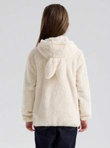 SOLOCOTE Tween Girl Rabbit Ears Hooded Thermal Lined Zipper Windbreaker With Pockets For Autumn - Beige - View 2