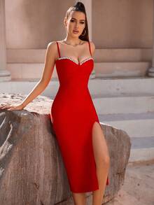 Đầm Dây kéo Pha lê kim cương Tách cao màu trơn Thanh lịch - Đỏ - Xem 4