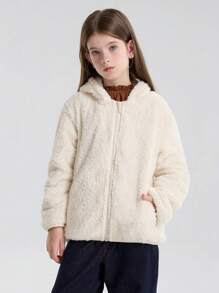 SOLOCOTE Tween Girl Rabbit Ears Hooded Thermal Lined Zipper Windbreaker With Pockets For Autumn - Beige - View 3