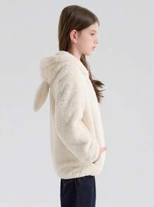 SOLOCOTE Tween Girl Rabbit Ears Hooded Thermal Lined Zipper Windbreaker With Pockets For Autumn - Beige - View 5