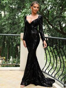 LOVE&LEMONADE Đầm Lộ Lưng Dây kéo màu trơn Buổi tiệc - màu đen - Xem 7