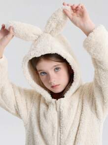 SOLOCOTE Tween Girl Rabbit Ears Hooded Thermal Lined Zipper Windbreaker With Pockets For Autumn - Beige - View 6