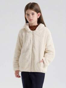SOLOCOTE Tween Girl Rabbit Ears Hooded Thermal Lined Zipper Windbreaker With Pockets For Autumn - Beige - View 8