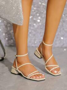 女士極簡粗跟踝帶平底涼鞋,時尚涼鞋 - 米色 - 查看 4