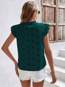 SHEIN Frenchy 愛心圖案荷葉邊小高領襯衫 - 墨綠色 - 查看 2