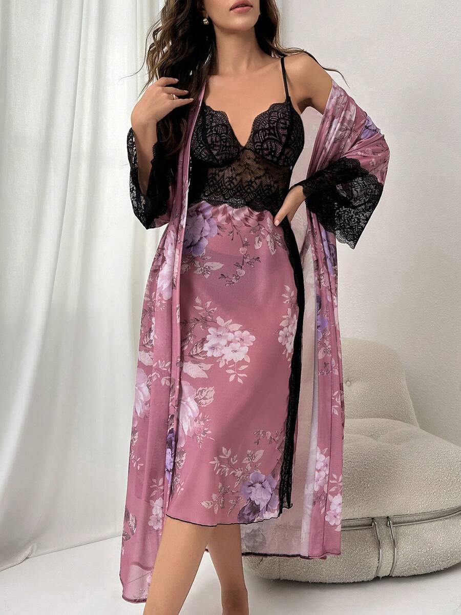 Bộ đồ ngủ Nữ Thắt lưng Tương phản ren Tương phản Mesh Hoa Tưởng tượng-Thanh lịch - Bụi hồng - Xem 1