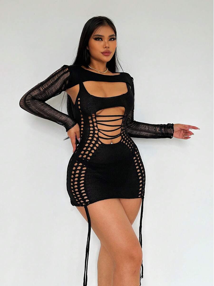 Vestido de punto ajustado con abertura delantera - Negro - Ver 1