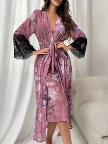 Bộ đồ ngủ Nữ Thắt lưng Tương phản ren Tương phản Mesh Hoa Tưởng tượng-Thanh lịch - Bụi hồng - Xem 4