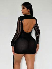 Vestido de punto ajustado con abertura delantera - Negro - Ver 2