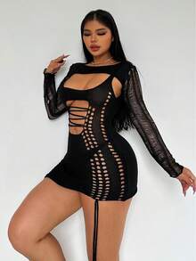 Vestido de punto ajustado con abertura delantera - Negro - Ver 3