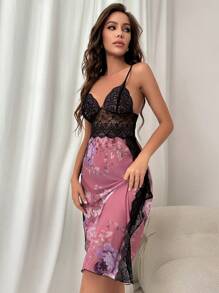 Bộ đồ ngủ Nữ Thắt lưng Tương phản ren Tương phản Mesh Hoa Tưởng tượng-Thanh lịch - Bụi hồng - Xem 6