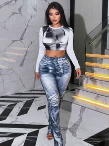 Camiseta crop con estampado de figura - Blanco y Negro - Ver 3