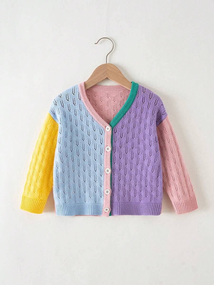 SHEIN Cô gái mới biết đi Cardigans Nút phía trước Khối Màu Giải trí - Nhiều màu - Xem 1