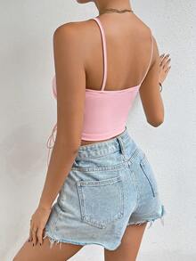 SHEIN Privé Floral Embroidery Lace Up Side Cami Top - Pink - View 2