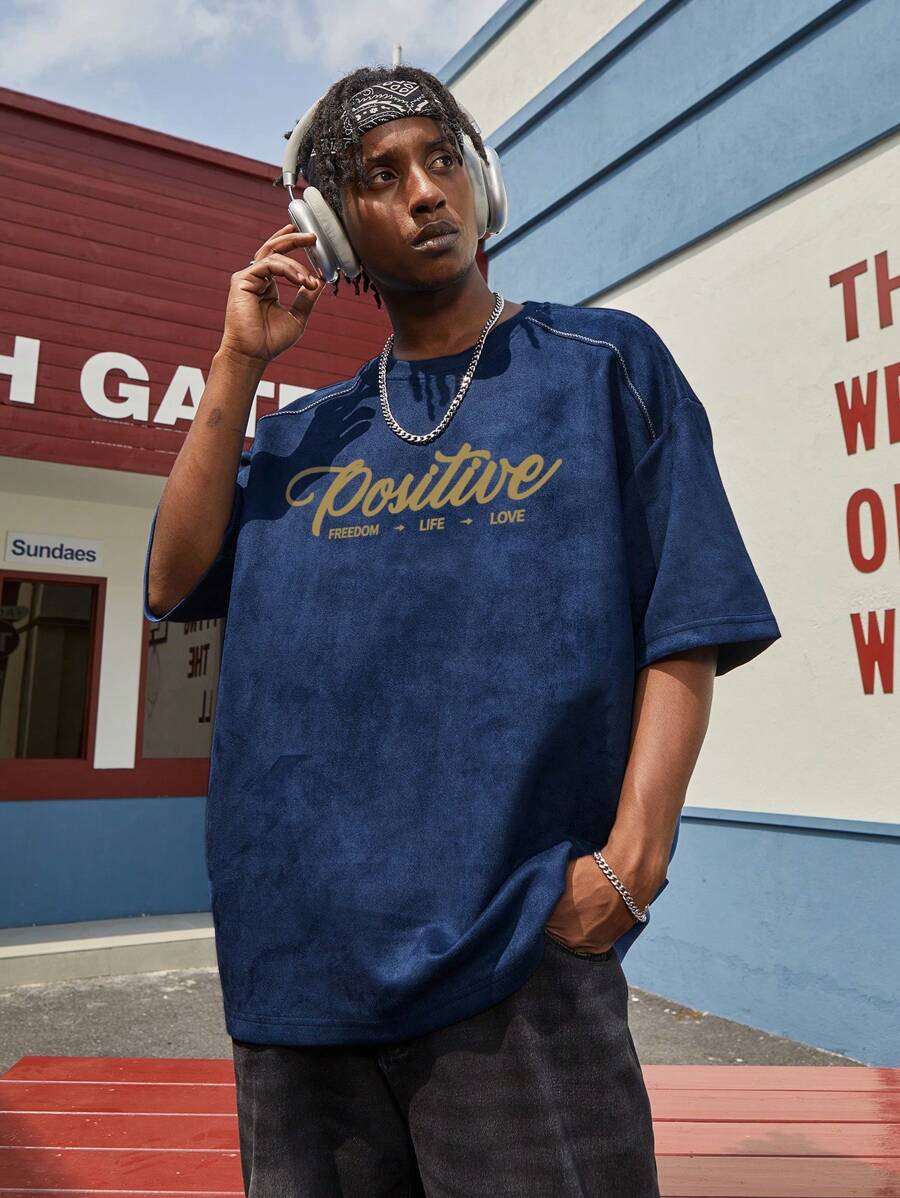 Men Letter Graphic Tee - Navy Blue - View 1
