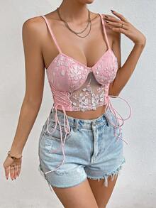 SHEIN Privé Floral Embroidery Lace Up Side Cami Top - Pink - View 5