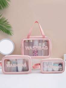 de gran capacidad PU mate impermeable Bolso de cosméticos , portátil Maquillaje Caja de almacenamiento con asa - Rosa - Ver 2