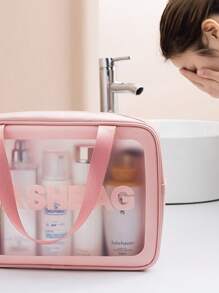 de gran capacidad PU mate impermeable Bolso de cosméticos , portátil Maquillaje Caja de almacenamiento con asa - Rosa - Ver 3