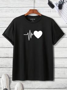 Hombres Camiseta con estampado de corazón - Negro - Ver 1