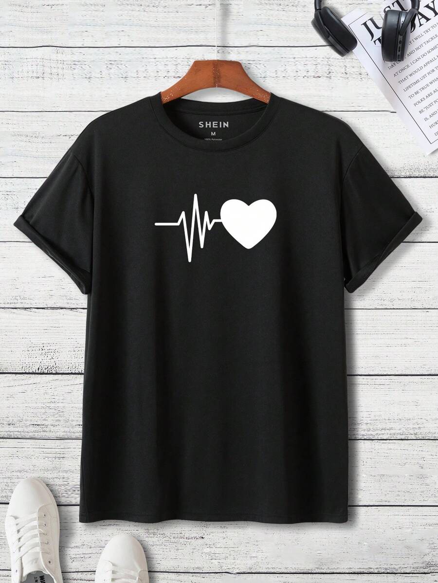 Hombres Camiseta con estampado de corazón - Negro - Ver 1