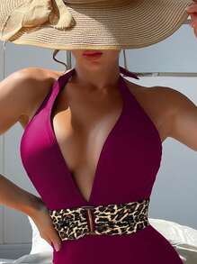 Leopard Print Halter One Piece Swimsuit - Maroon - View 3
