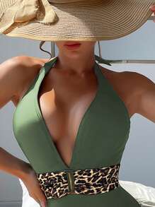 Leopard Print Halter One Piece Swimsuit For Summer Beach Vacation - Army Green - View 3