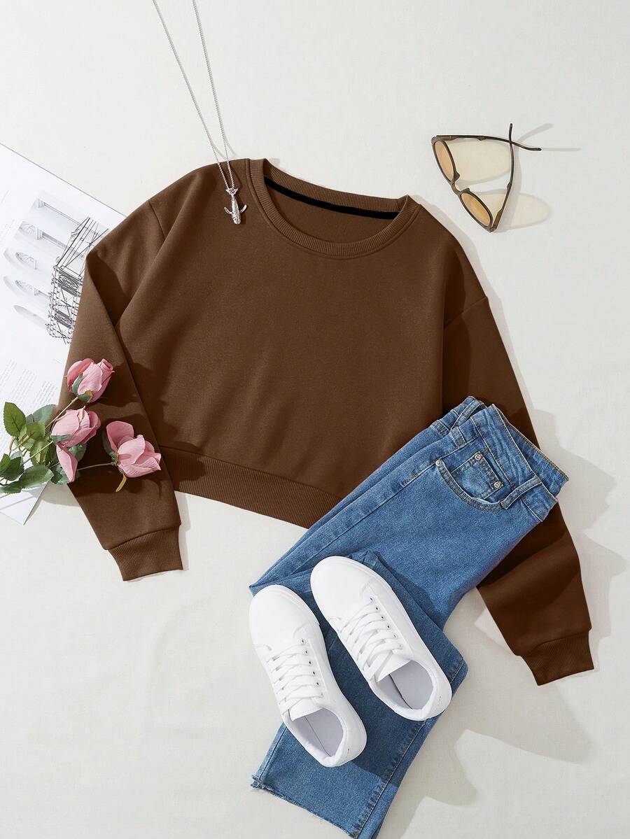 SHEIN Essnce 素色加絨內裏短款運動衫 - 咖啡棕 - 查看 1