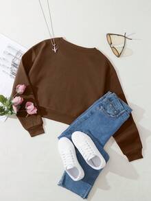 SHEIN Essnce 素色加絨內裏短款運動衫 - 咖啡棕 - 查看 2
