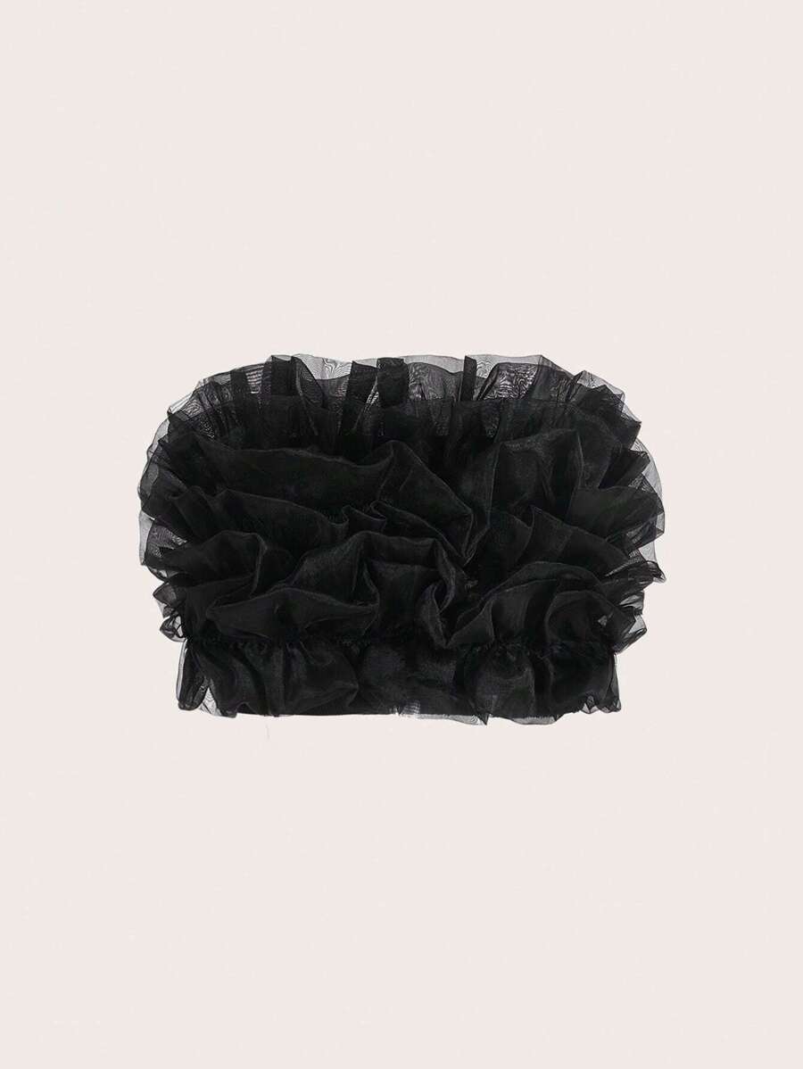 Aveloria Rosie Ruffle Trim Mesh Overlay Top Cute Funny Shirts  - Black - View 1