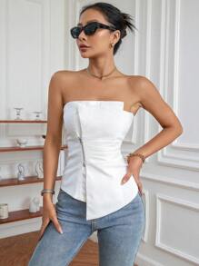 Aveloria 前拉鏈不對稱下擺抹胸上衣 - 白色 - 查看 5