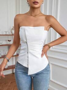 Aveloria 前拉鏈不對稱下擺抹胸上衣 - 白色 - 查看 6