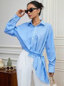 SHEIN Essnce In sọc Thả vai Nút ven Viền không đối xứng Áo sơ mi - Màu xanh lam - Xem 1