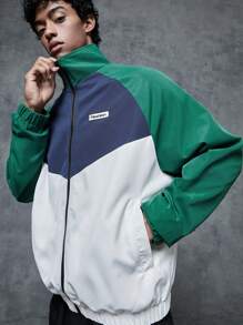 Manfinity Unisex 1pc Letter Patchwork Color Block Raglan Sleeve Loose Fit Zip Up Jacket