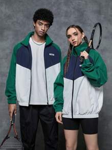 Manfinity Unisex 1pc Letter Patchwork Color Block Raglan Sleeve Loose Fit Zip Up Jacket