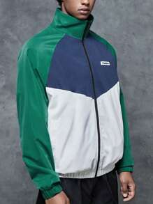 Manfinity Unisex 1pc Letter Patchwork Color Block Raglan Sleeve Loose Fit Zip Up Jacket