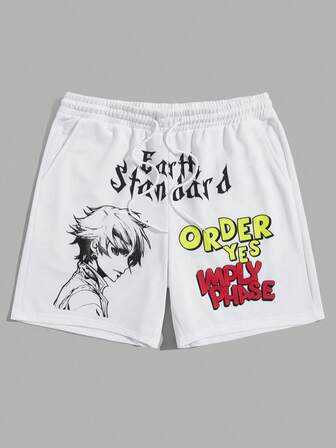 Anime Männer Shorts mit Buchstaben & Figur Grafik, Tunnelzug,