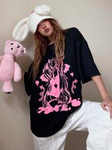 ROMWE Anime 卡通圖案落肩T恤 - 黑色 - 查看 1