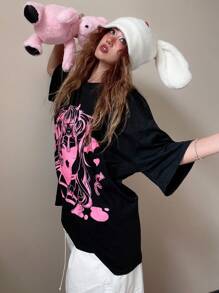 ROMWE Anime 卡通圖案落肩T恤 - 黑色 - 查看 2