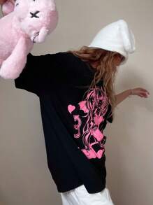 ROMWE Anime 卡通圖案落肩T恤 - 黑色 - 查看 4