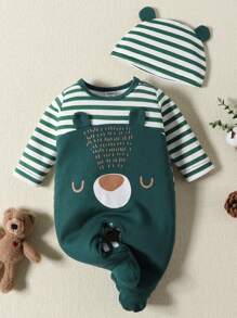 Baby Boy Striped & Cartoon Graphic 3D Patched Footed Sleep Jumpsuit