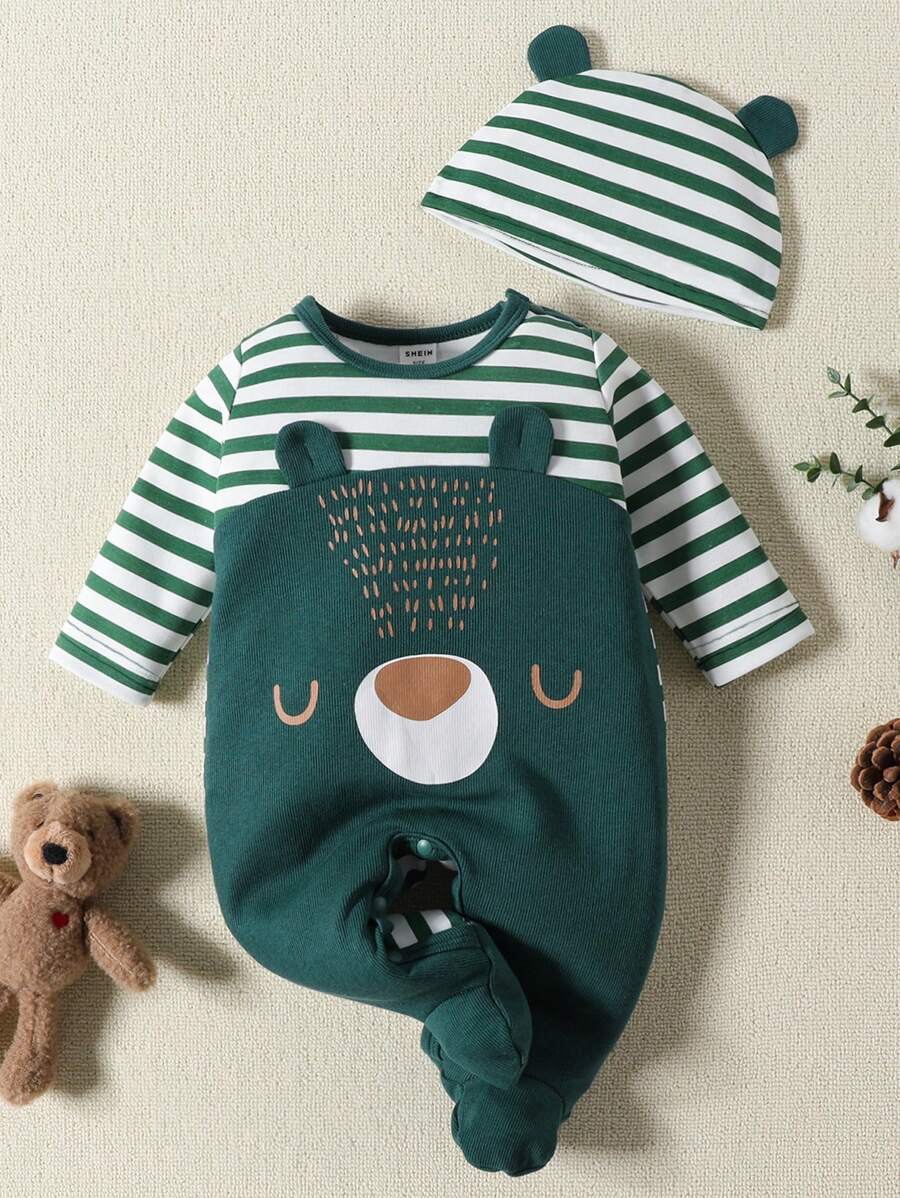 Baby Boy Striped & Cartoon Graphic 3D Patched Footed Sleep Jumpsuit