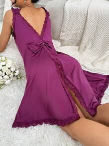对比色蕾丝荷叶边装饰开衩后背睡衣睡裙 - 中紫紅色 - 查看 2